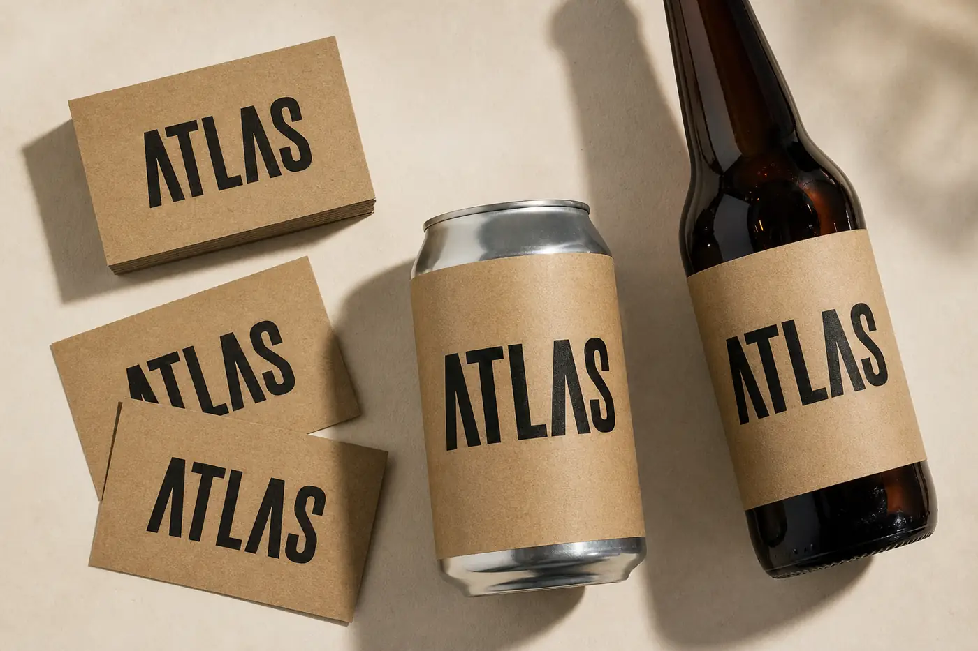 ATLAS brewery identity system on kraft paper: cards, can and label