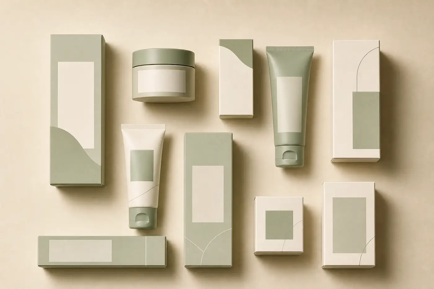Botanic Lab skincare packaging in sage green and cream arranged in a grid