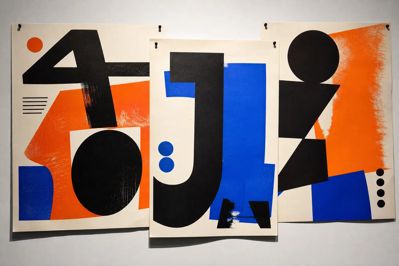 Three jazz festival posters with oversized typography pinned to a wall
